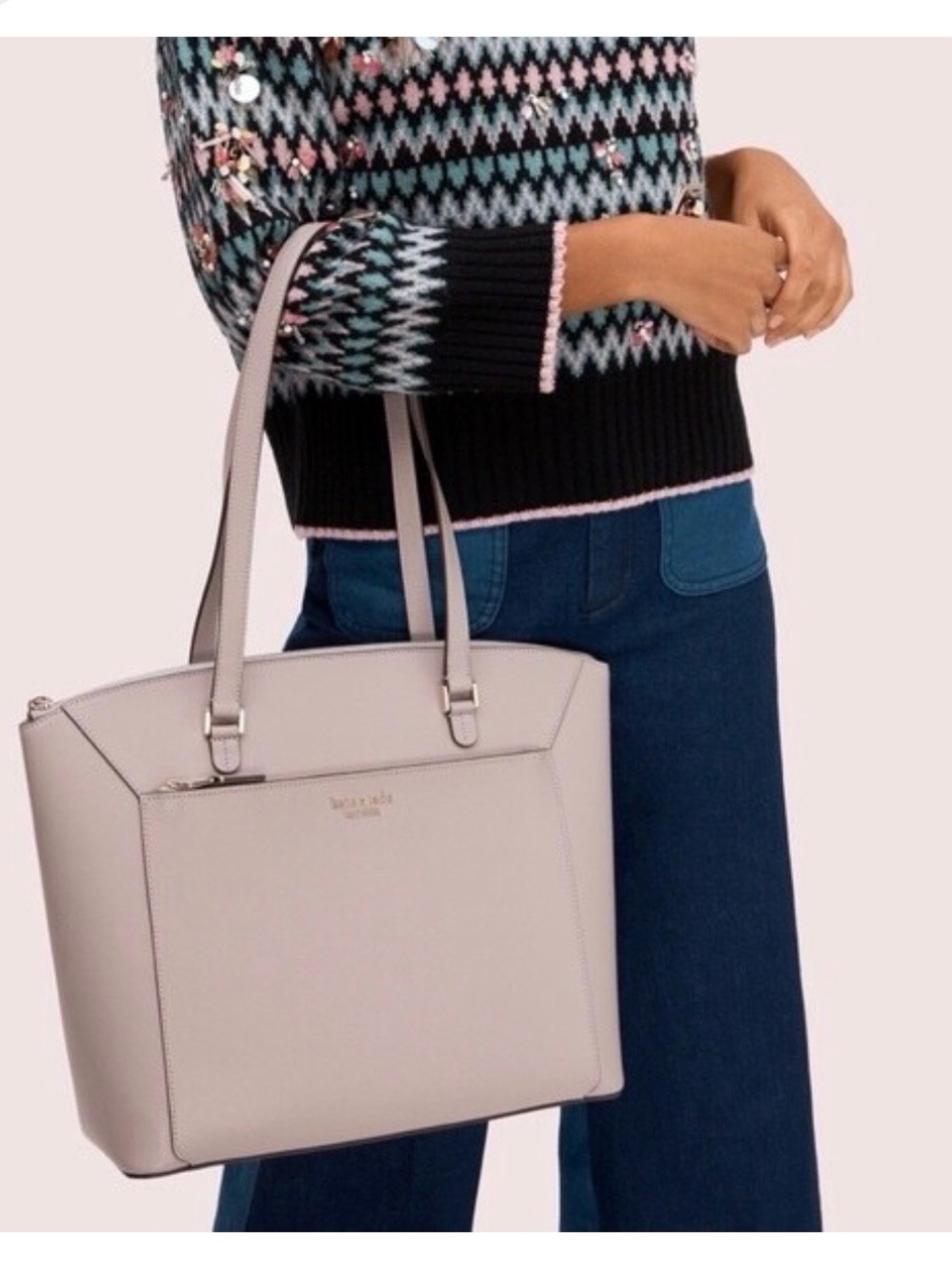 KATE SPADE Louise Large Tote Grey Saffiano Leather Purse Shoulder Bag Zip Gray